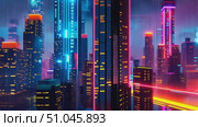 Witness the beauty of a futuristic city drenched in rain, where skyscrapers glow with neon colors under an enchanting evening sky. Стоковое AI-видео, аниматор Данила Большаков / Фотобанк Лори