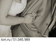 The bride holds the groom's hand, on the finger there is a gold wedding ring. Стоковое фото, фотограф Максимова Марина / Фотобанк Лори