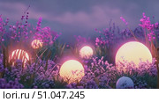 A collection of bright lights scattered throughout the grass, illuminating the ground in various colors and patterns. Стоковое AI-видео, аниматор Данила Большаков / Фотобанк Лори