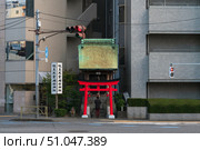 Tokyo, Japan, 11.04.2024: View of the Shinto temple of Fushimi Sanpo Inari Jinja on Sakurada-dori Avenue on a sunny autumn day. Редакционное фото, фотограф Ula Ulachka / Фотобанк Лори