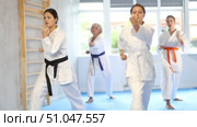 Group of female karatekas practicing karate technique in gym. Стоковое видео, видеограф Яков Филимонов / Фотобанк Лори