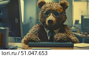 A teddy bear dressed in a suit and tie is sitting in front of a computer monitor, appearing to be engaged in work or browsing. Стоковое AI-видео, аниматор Данила Большаков / Фотобанк Лори