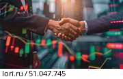Two individuals shaking hands in agreement while looking at a stock chart, indicating a successful business deal or partnership. Стоковое AI-видео, аниматор Данила Большаков / Фотобанк Лори