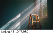 Light streams through the window illuminating a ladder in a freshly painted room during the afternoon. Стоковое AI-видео, аниматор Сергей Толмачёв / Фотобанк Лори