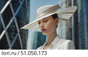 Elegant businesswoman posing with stylish hat in urban setting. Стоковое AI-видео, аниматор Юрий Поздников / Фотобанк Лори