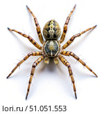A Close Up View of a Brown and Yellow Spider on a White Background. Generative AI. Стоковое AI-изображение, AI-художник Roman Zavorotny / Фотобанк Лори