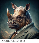 Close-Up Portrait of a Rhinoceros Wearing a Suit. Generative AI. Стоковое AI-изображение, AI-художник Roman Zavorotny / Фотобанк Лори