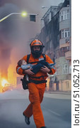 Heroic Rescuer Bravely Evacuates Child from Fiery Inferno, Showcasing Courage and Humanity Amidst Destruction and Chaos in Urban Disaster Scene. Стоковое AI-видео, аниматор Владимир Федоров / Фотобанк Лори
