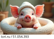A delightful piglet sits snugly in a woven basket, donning a warm hat. With a joyful expression, it brightens the cheerful atmosphere of the sunlit room filled with greenery. Стоковое AI-изображение, AI-художник Ольга Игнашина / Фотобанк Лори