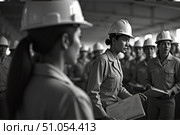 Group of women in hard hats engaged in a training session at a construction site, focused on safety protocols and teamwork in an inspiring environment with structured organization. Стоковое AI-изображение, AI-художник Ольга Игнашина / Фотобанк Лори