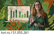 A businesswoman explains a growth chart, gesturing to the data on a screen, during an online presentation. Стоковое AI-видео, аниматор Данила Большаков / Фотобанк Лори
