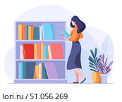 Иллюстрация девушки, выбирающей книгу с книжной полки. Стоковая иллюстрация, иллюстратор Анна Ревак / Фотобанк Лори