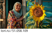 Бабушка стоит и ждет у входа в свой деревенский дом. Grandmother is waiting at the entrance to her village house. Стоковое AI-изображение, AI-художник Смирнова Светлана / Фотобанк Лори