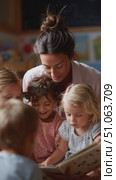 Engaging storytelling session with children at a daycare center in the morning. Стоковое AI-видео, аниматор Сергей Толмачёв / Фотобанк Лори