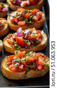 Delicious Bruschetta Served on a Rustic Tray at a Summer Cookout. Стоковое AI-изображение, AI-художник Юлия Гапеенко / Фотобанк Лори