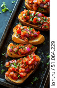Delicious Bruschetta Served on a Rustic Tray at a Summer Cookout. Стоковое AI-изображение, AI-художник Юлия Гапеенко / Фотобанк Лори