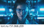 Focused woman wearing glasses as she unravels mysteries in the depths of a shadowy room. Стоковое AI-видео, аниматор Данила Большаков / Фотобанк Лори