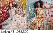 Two women wearing dresses with beautiful floral patterns are walking gracefully in a garden. Стоковое AI-видео, аниматор Данила Большаков / Фотобанк Лори