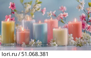 A collection of colorful scented candles surrounded by fresh spring blossoms. Стоковое AI-видео, аниматор Данила Большаков / Фотобанк Лори