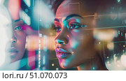 African american woman stands before a mirror, examining her reflection with a focused expression. Стоковое AI-видео, аниматор Данила Большаков / Фотобанк Лори