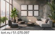 A living room filled with various pieces of furniture including sofas, chairs, coffee table, and a large window letting in natural light. Стоковое AI-видео, аниматор Данила Большаков / Фотобанк Лори