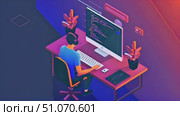 A programmer sits at their desk late at night, working on code. They are focused and determined to complete their task. Стоковое AI-видео, аниматор Данила Большаков / Фотобанк Лори