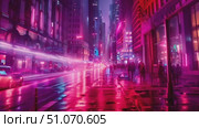 A bustling city street at night, illuminated by vibrant neon lights. The wet pavement reflects the colorful glow, creating a mesmerizing urban landscape. Стоковое AI-видео, аниматор Данила Большаков / Фотобанк Лори