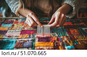 Close-up of female hands weaving colorful fabric on a loom, showcasing detailed craftsmanship, vibrant textile patterns, and traditional handmade artistry in soft natural lighting. Стоковое AI-изображение, AI-художник Катерина Бондарец / Фотобанк Лори