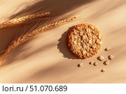 Golden oat cookie with scattered grains and wheat stalks on beige background, captured in warm natural light with strong shadows and minimalist food styling. Стоковое AI-изображение, AI-художник Катерина Бондарец / Фотобанк Лори