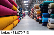 Colorful fabric rolls stacked in rows inside large textile warehouse, showcasing material variety, manufacturing scale, and vibrant industrial interior with high ceilings. Стоковое AI-изображение, AI-художник Катерина Бондарец / Фотобанк Лори