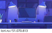 A simple animation of a desk at night with two lamps illuminating the space and a computer monitor. Стоковое AI-видео, аниматор Данила Большаков / Фотобанк Лори