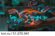 A person interacts with a holographic display showcasing a dinosaur skeleton. Стоковое AI-видео, аниматор Данила Большаков / Фотобанк Лори