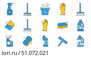 Cleaning tools icons in blue and yellow featuring spray bottles, gloves, brushes, and sponges. Cleaning tools include essential items for household chores like scrubbing, mopping, and wiping. Стоковое AI-изображение, AI-художник Ольга Березина / Фотобанк Лори