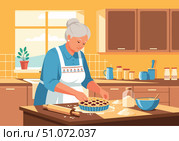 Elderly woman baking pie in cozy kitchen with ingredients on wooden table. Baking pie involves preparation of dough and filling with fresh fruits and spices. Стоковое AI-изображение, AI-художник Ольга Березина / Фотобанк Лори
