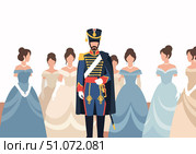 Hussar surrounded by women at grand ball in elegant dresses, full-length portrait with noble attire highlights. Grand ball scene captures historical context of formal dances, storytelling in imagery. Стоковое AI-изображение, AI-художник Ольга Березина / Фотобанк Лори