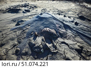 A mud volcano and a stream of grey clay from an eruption and gas escape. Cracked soil surface. Texture of a mudflow. Стоковое фото, фотограф Наталия Кирсанова / Фотобанк Лори