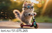 Goggle-Wearing Kitten Riding a Scooter at Sunset. Стоковое AI-видео, аниматор Виктория Кольцова / Фотобанк Лори
