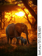 A mother elephant and her calf are foraging in tall grass. Стоковое AI-изображение, AI-художник Татьяна  Бральнина / Фотобанк Лори