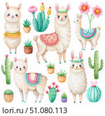 Watercolor Llama Icon Set: Adorable Doodle Llamas in Desert Landscapes. Generative AI. Стоковое AI-изображение, AI-художник Roman Zavorotny / Фотобанк Лори