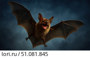 A close-up of a brown bat with its wings spread wide. The bat has a furry body and sharp teeth, set against a dark, moody background. Стоковое AI-изображение, AI-художник Nart / Фотобанк Лори