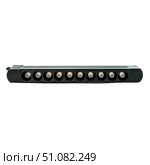 Modern multi-spot LED light bar with sleek black housing, featuring nine round bulbs, positioned diagonally on a white background. Стоковое фото, фотограф Татьяна Терехина / Фотобанк Лори