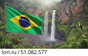 A Brazilian flag waves in front of a lush waterfall surrounded by greenery. Colorful toucans fly in the background, symbolizing Brazil's natural beauty. Стоковое AI-видео, аниматор Nart / Фотобанк Лори