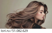 A woman with long, wavy brown hair is seen from behind. She has a fair complexion and is wearing a black top. The background is neutral and soft. Стоковое AI-видео, аниматор Nart / Фотобанк Лори