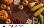Autumn harvest scene with pumpkins, apples, corn, and red maple leaves. Thank you notes are placed among the produce, creating a festive atmosphere. Стоковое AI-видео, аниматор Nart / Фотобанк Лори