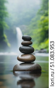 A stack of smooth stones balanced on a riverbank with a waterfall in the background. Lush green trees surround the scene, creating a tranquil atmosphere. Стоковое AI-видео, аниматор Nart / Фотобанк Лори