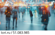 A young Caucasian man with short brown hair stands in a busy urban environment. Digital facial recognition technology overlays his image against a blurred crowd. Стоковое AI-видео, аниматор Nart / Фотобанк Лори