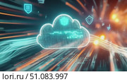 Digital cloud with data streams and security icons. Represents cloud computing, data protection, and technology advancements. Стоковое AI-видео, аниматор Nart / Фотобанк Лори