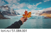 A hand holds a vibrant orange maple leaf against a backdrop of mountains and a glacier. The scene captures the essence of Canada and its natural beauty. Стоковое AI-видео, аниматор Nart / Фотобанк Лори