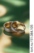 Two elegant wedding rings on a soft green background. One ring is plain gold, and the other features small diamonds. Perfect for marriage or engagement themes. Стоковое AI-видео, аниматор Nart / Фотобанк Лори