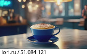 A steaming cup of cappuccino in a blue ceramic mug on a marble countertop. The background features warm lighting and a cozy café atmosphere. Стоковое AI-видео, аниматор Nart / Фотобанк Лори